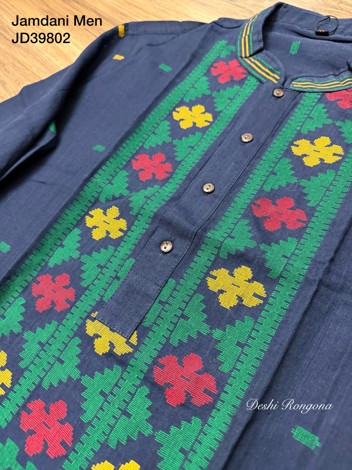 Original Dhakai Jamdani Punjabi – Handwoven Pure Cotton, Navy Blue