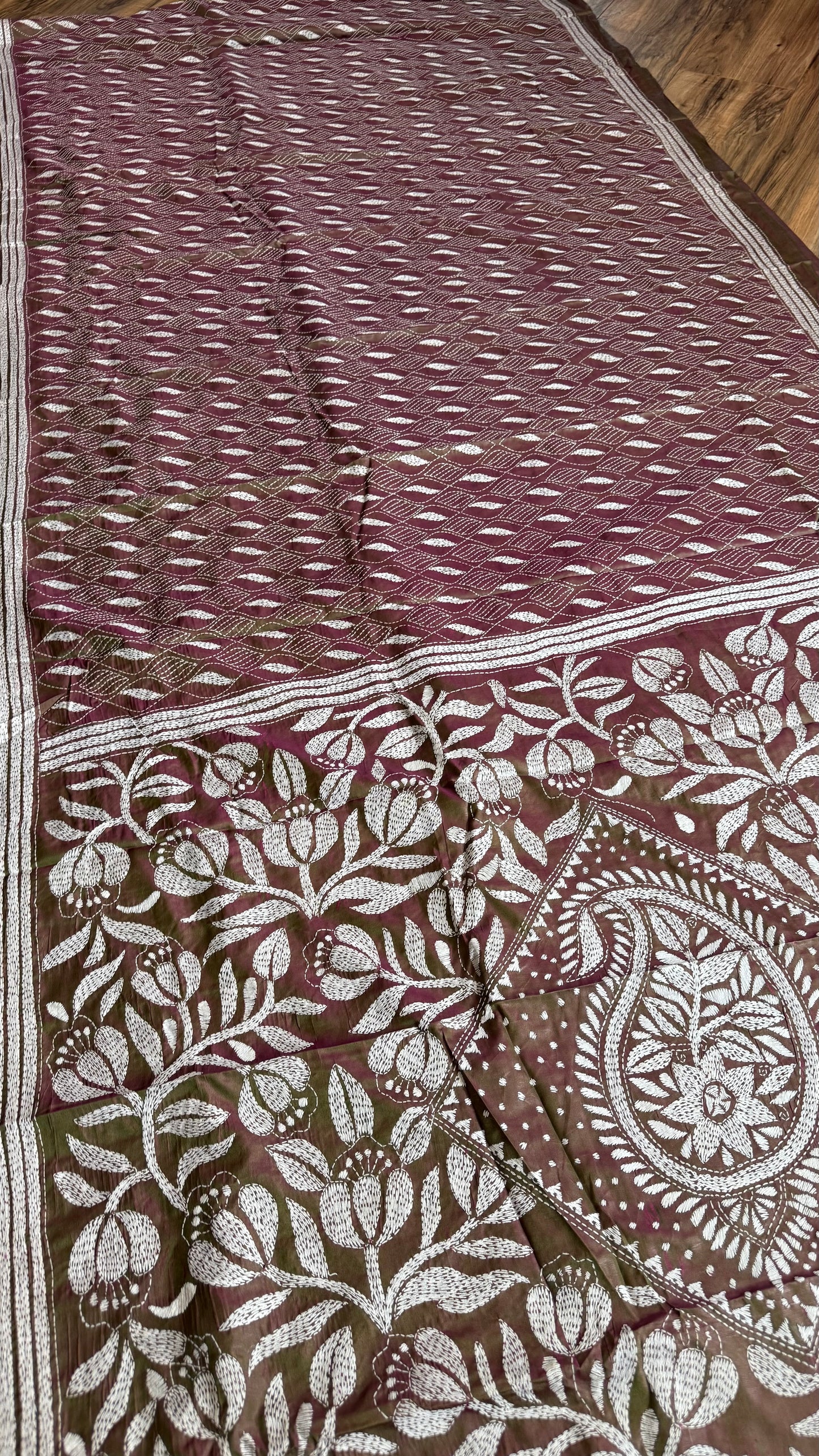 Duel Tone Olive Bangalore Silk Kantha Saree