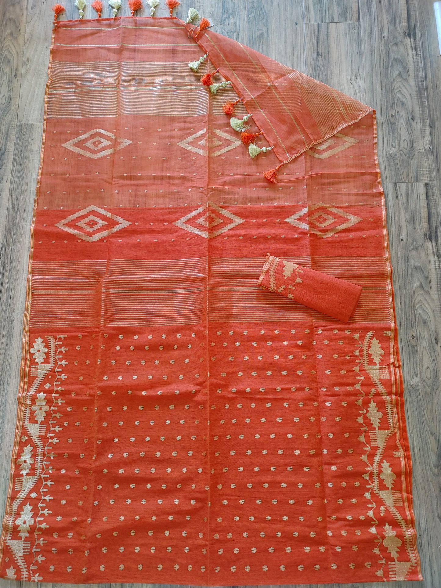 Orange Dhakai Jamdani Saree - Handloom Classic