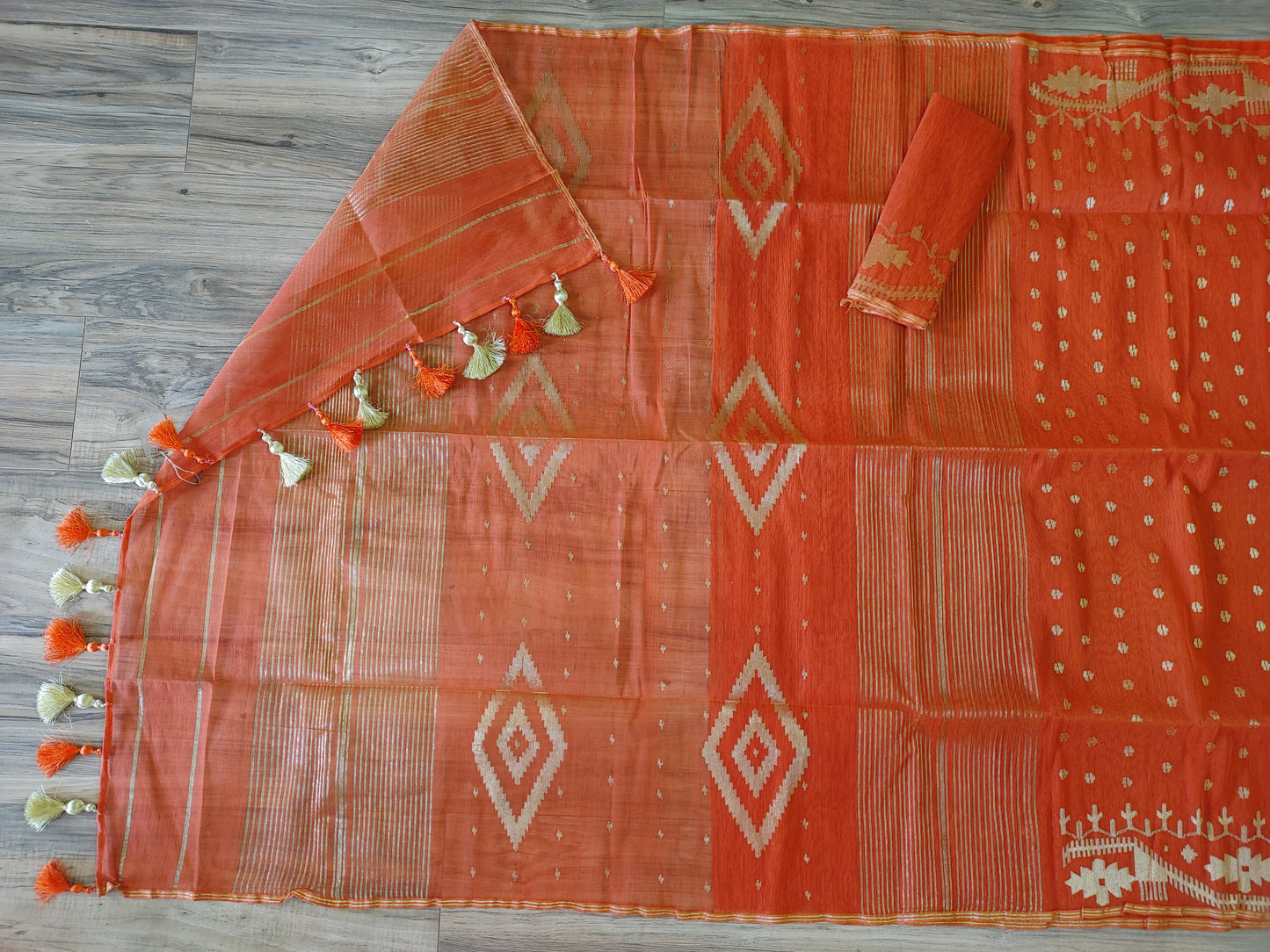 Orange Dhakai Jamdani Saree - Handloom Classic
