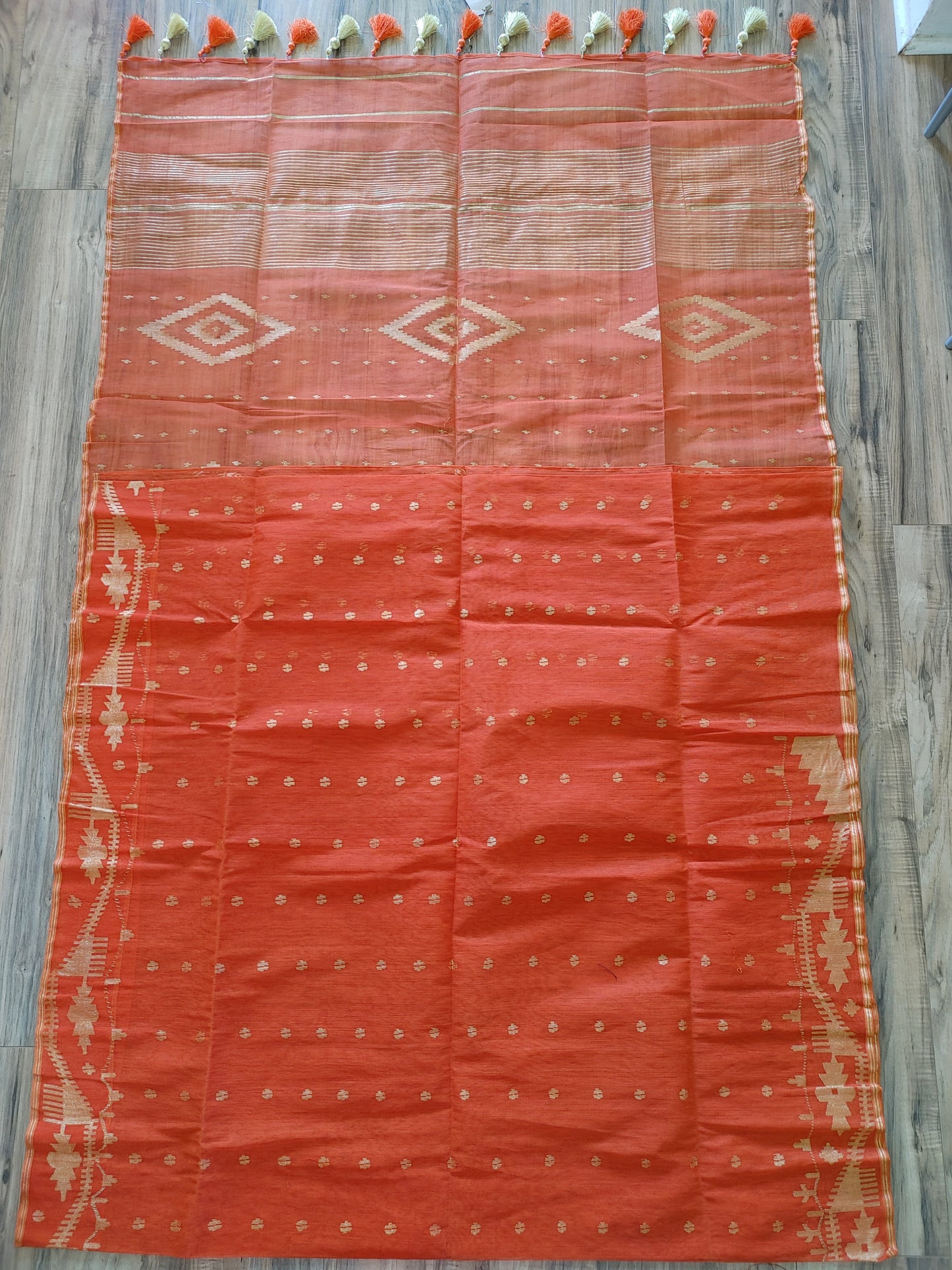 Orange Dhakai Jamdani Saree - Handloom Classic