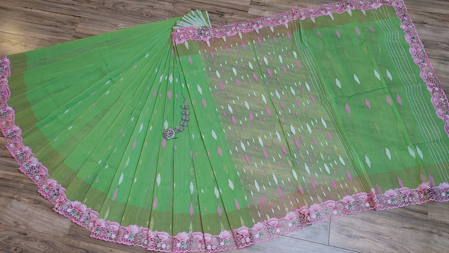 Pastel Moss Green Cutwork Original Jamdani Dhakai
