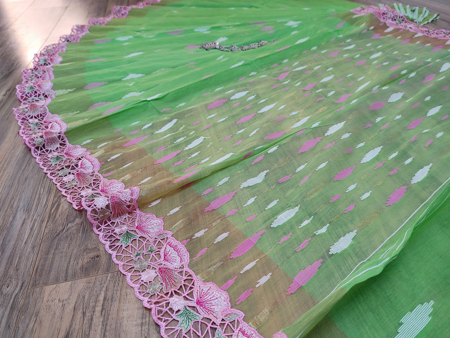 Pastel Moss Green Cutwork Original Jamdani Dhakai