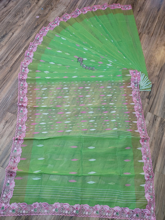 Pastel Moss Green Cutwork Original Jamdani Dhakai
