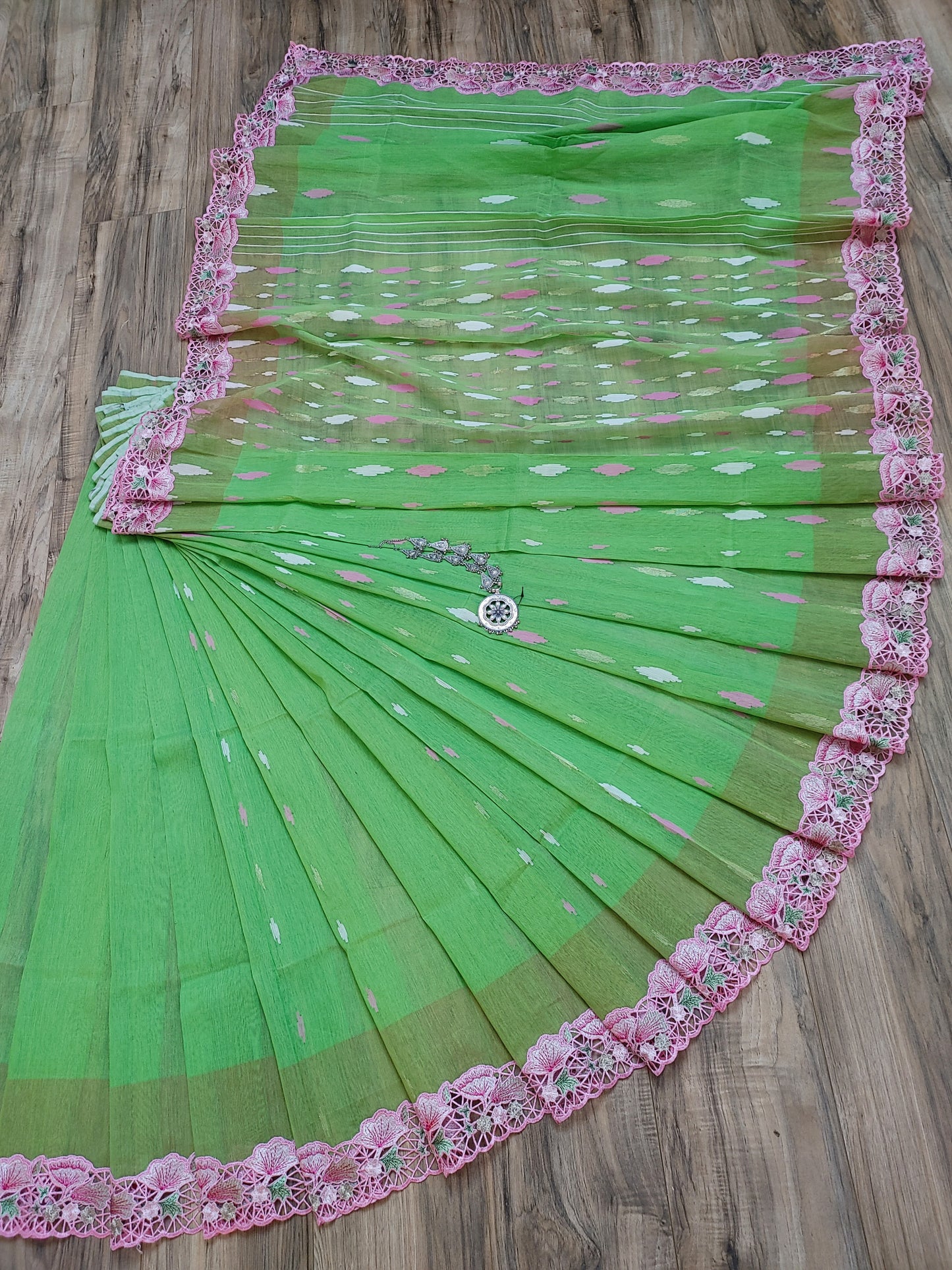 Pastel Moss Green Cutwork Original Jamdani Dhakai