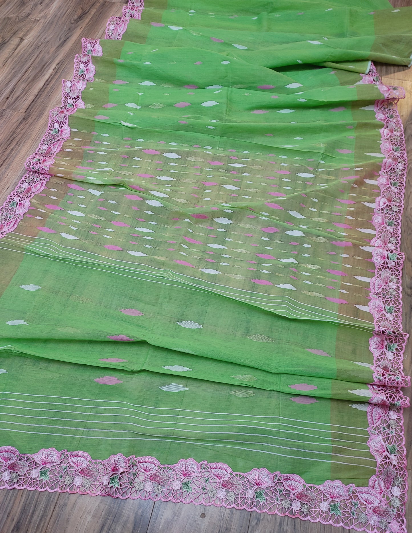 Pastel Moss Green Cutwork Original Jamdani Dhakai