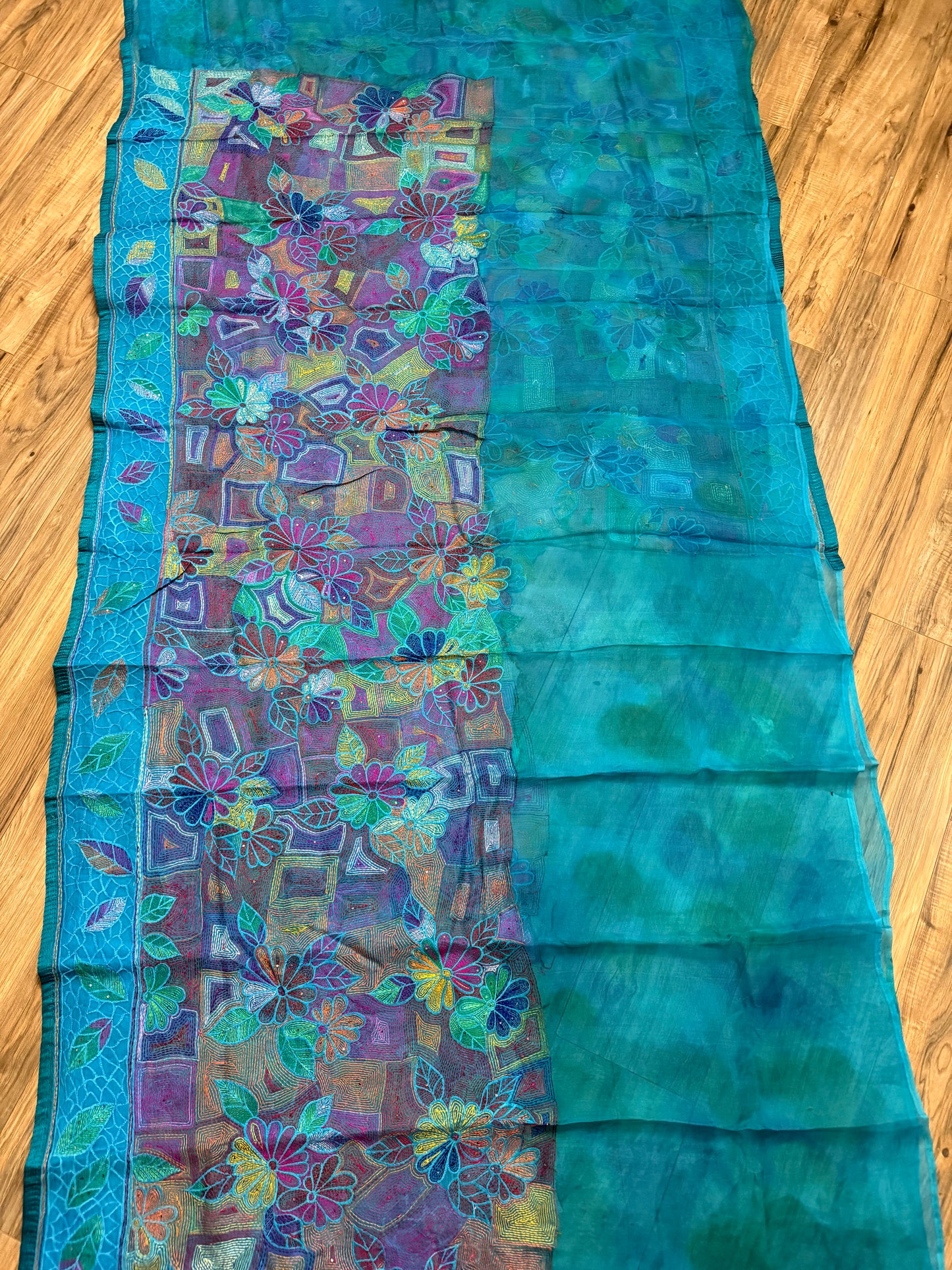 Pure Moslin Saree with Hand kantha and Handpaint