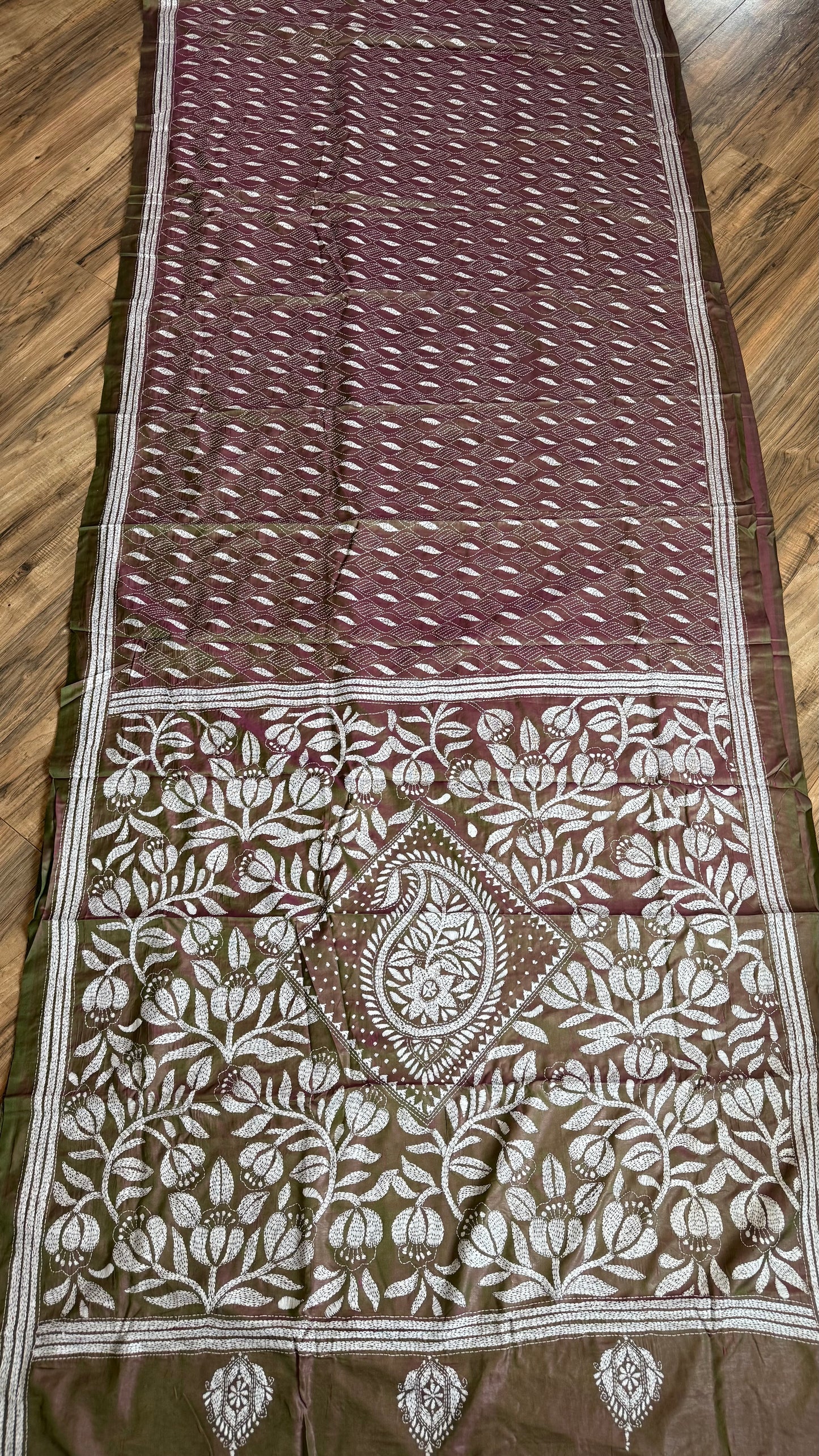 Duel Tone Olive Bangalore Silk Kantha Saree