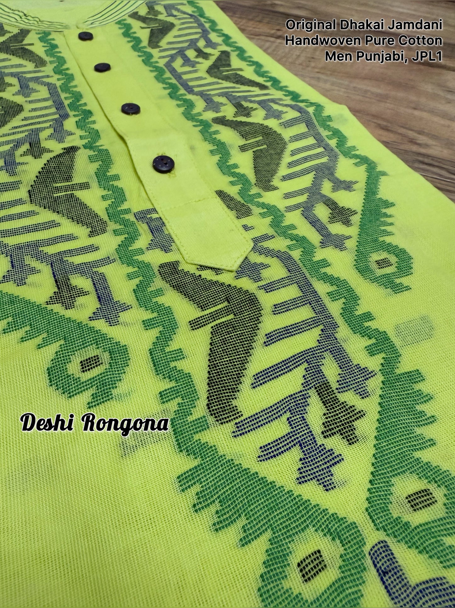 Original Dhakai Jamdani Punjabi, Handwoven Pure Cotton, Lime Color