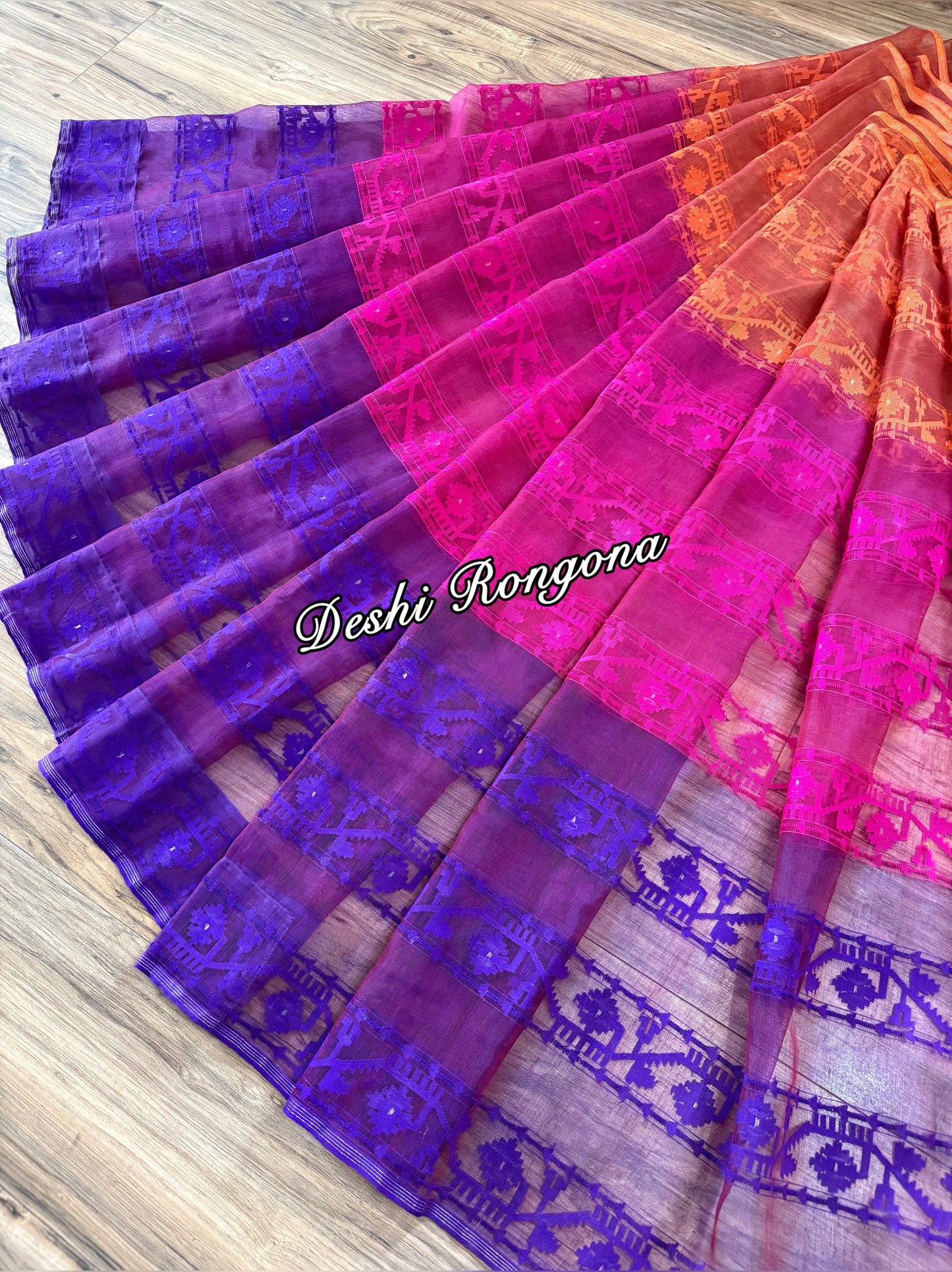 Elegant Magenta Orange Purple Dhakai Jamdani Saree - Handloom Classic