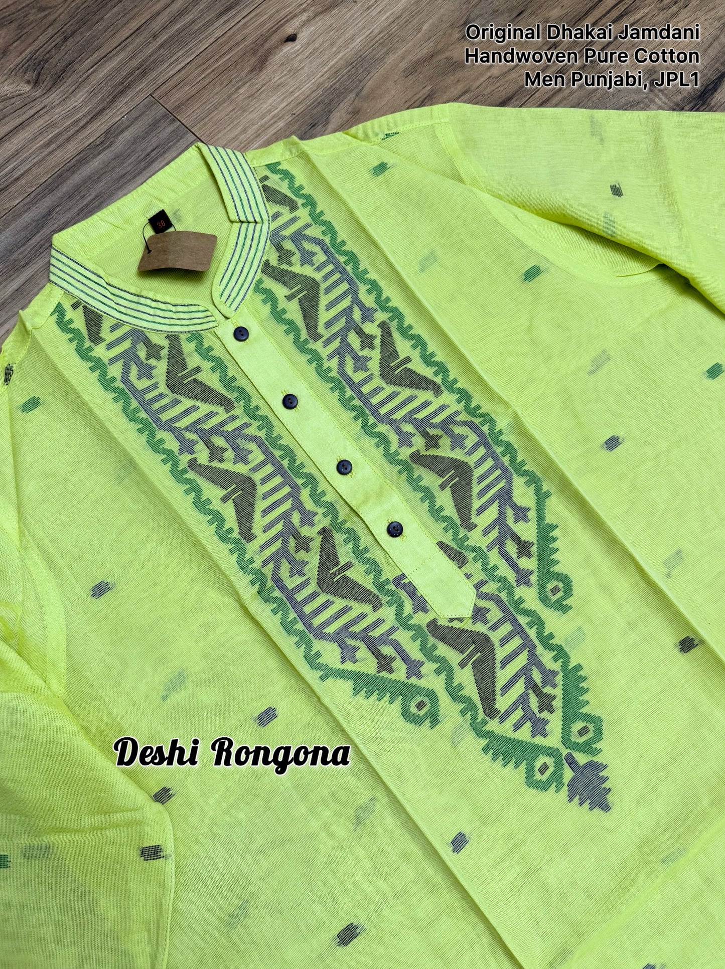 Original Dhakai Jamdani Punjabi, Handwoven Pure Cotton, Lime Color