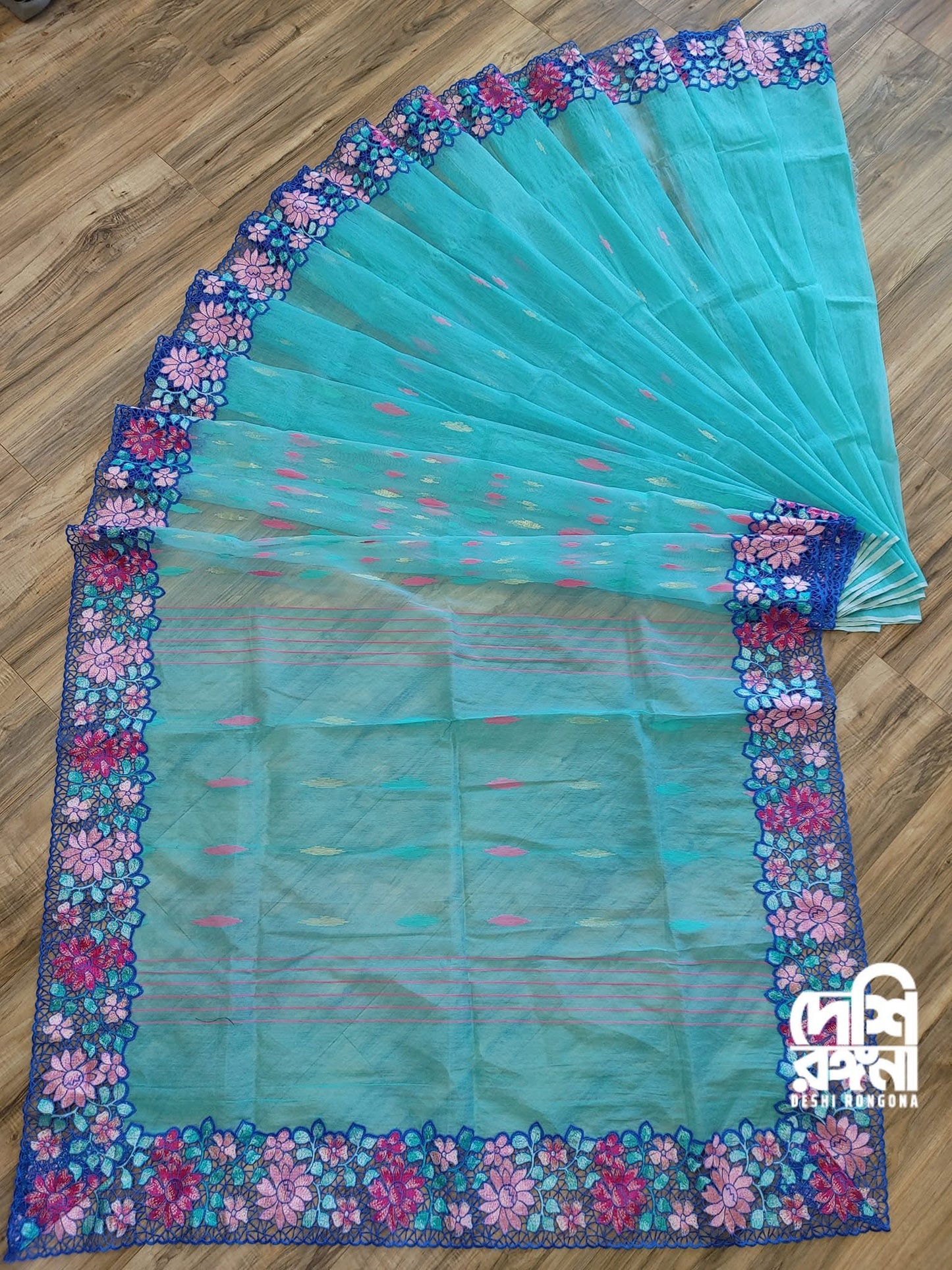 Turquoise Dhakai Jamdani with Cutwork Embroidery