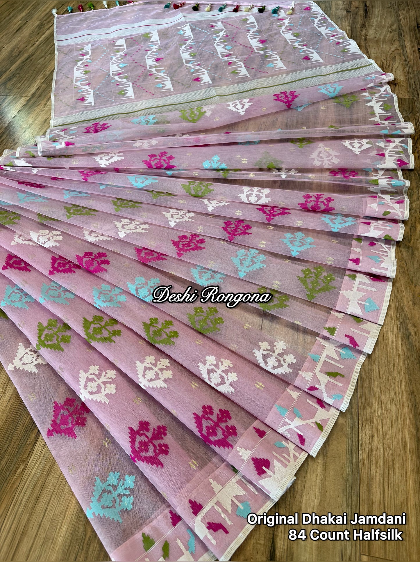 Handwoven Dhakai Jamdani Saree – Baby Pink Halfsilk