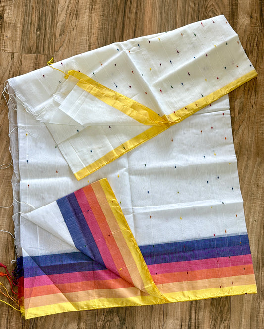 Tangail Halfsilk Khesh Saree, White -pink border