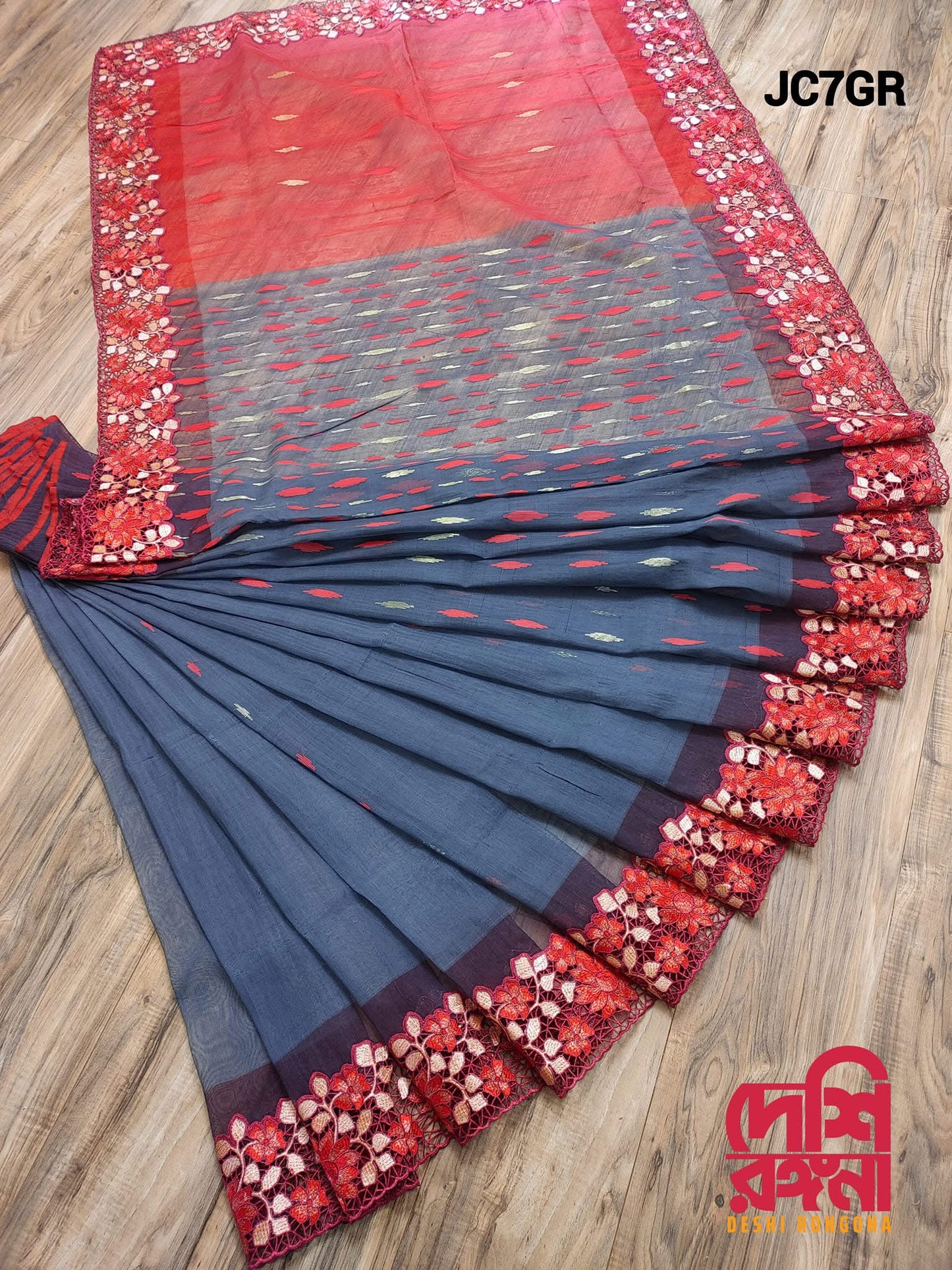 Gray-Red Cutwork Dhakai Jamdani – Halfsilk 64 count