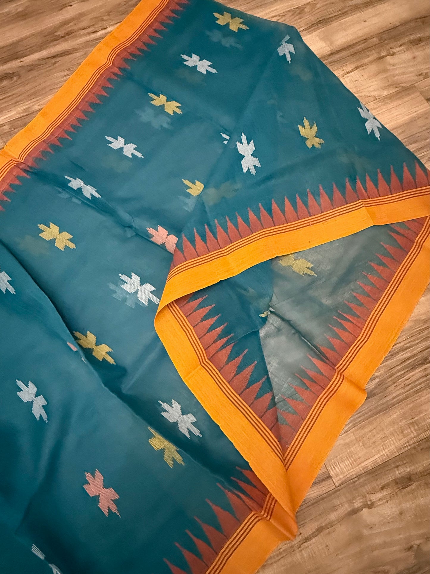 Sylheti Monipuri Handwoven Sea Green Saree with Orange