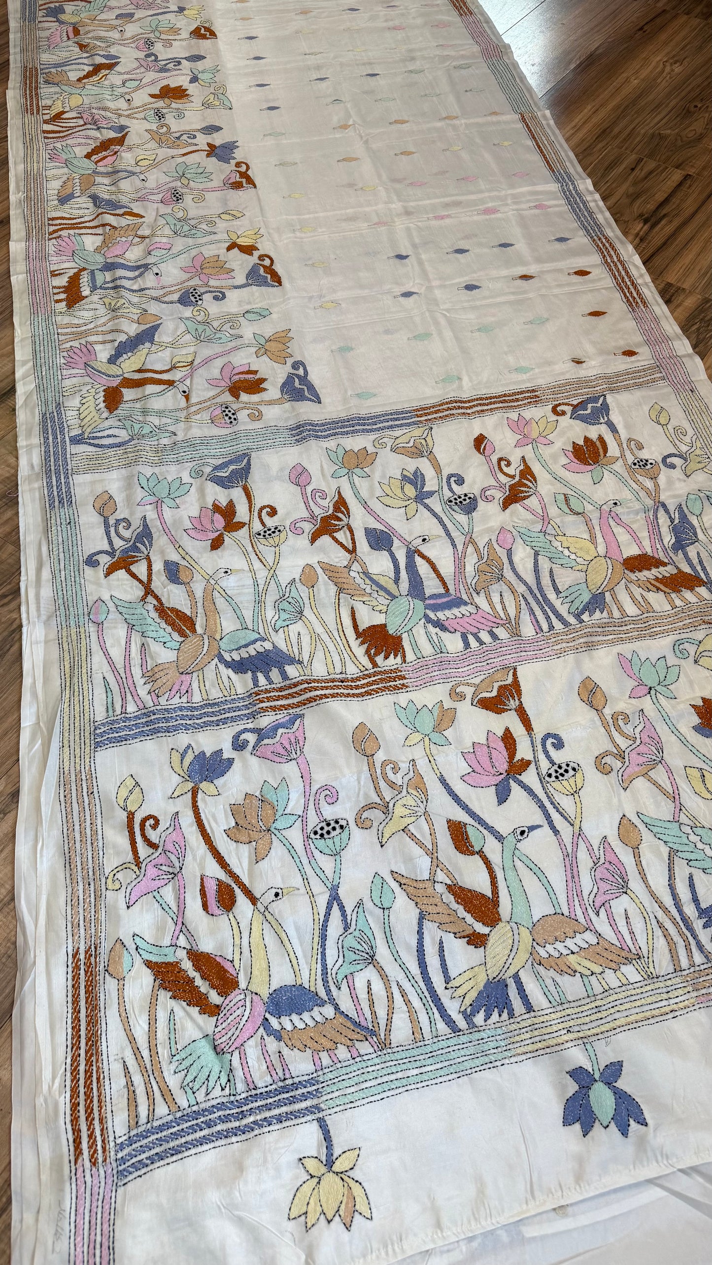 Bangalore Silk Kantha Saree- Heron theme