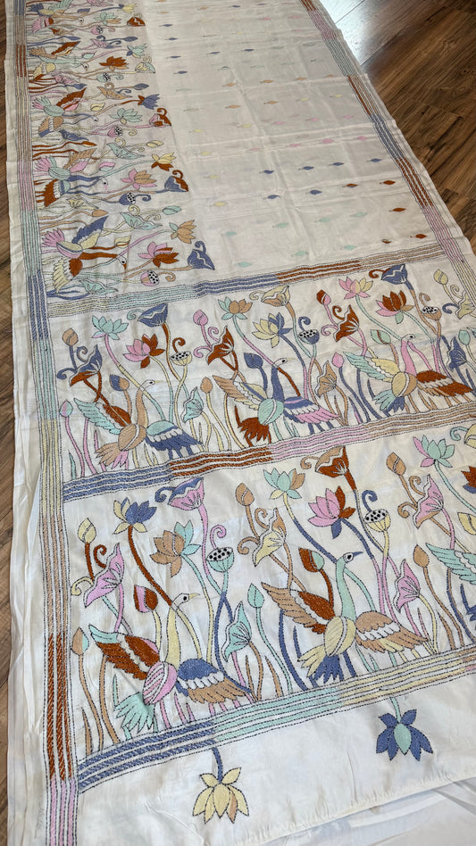 Bangalore Silk Kantha Saree- Heron theme