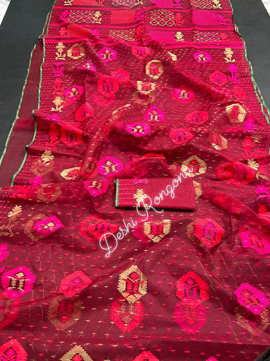 Elegant Maroon Dhakai Jamdani Saree - Handloom Classic