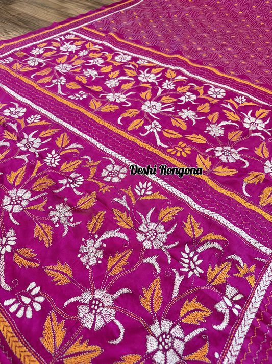 Magenta Bangalore Silk Kantha Saree