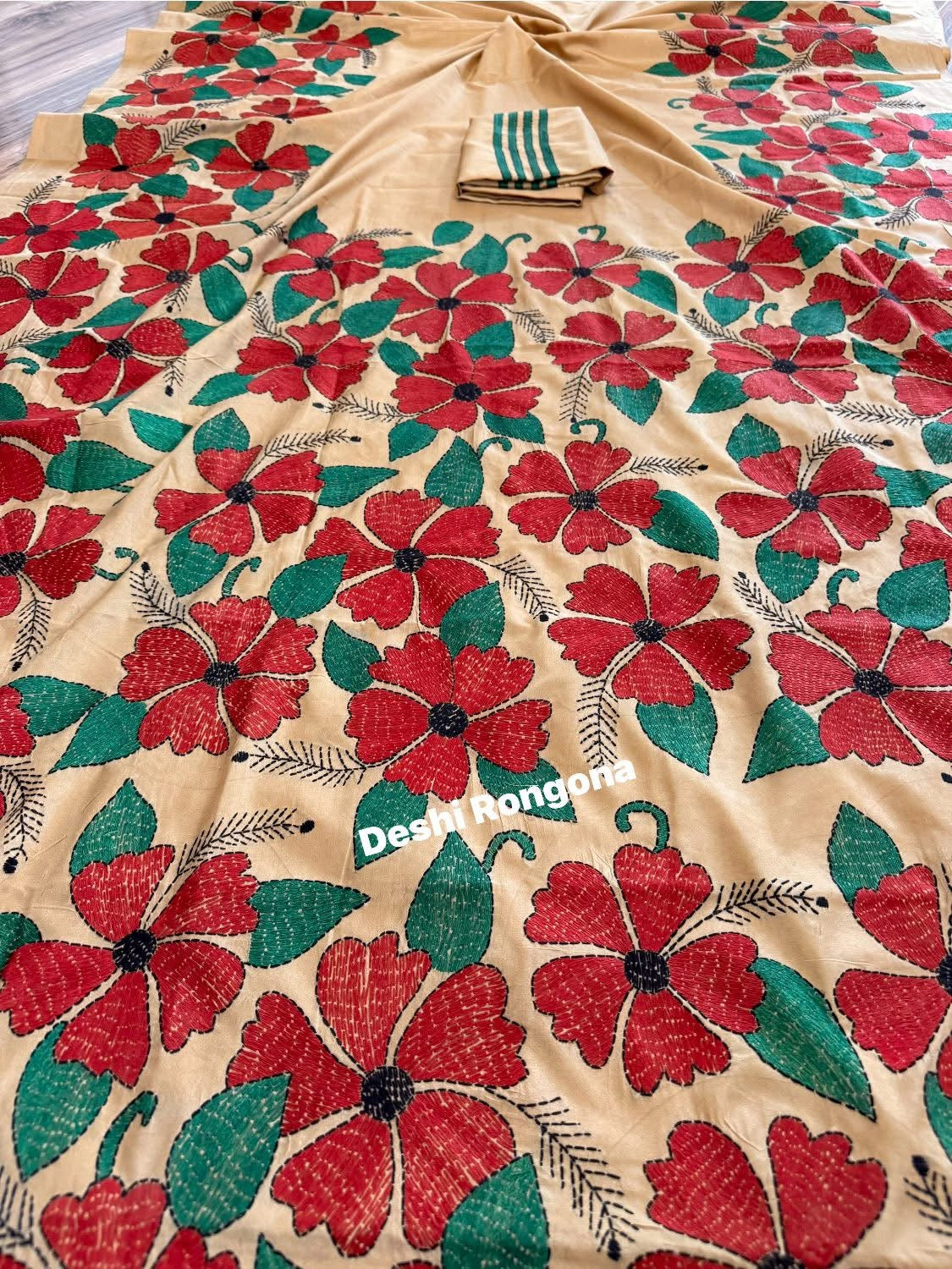 Hand Stiched Silk Kantha Saree, Golden with Red Joba