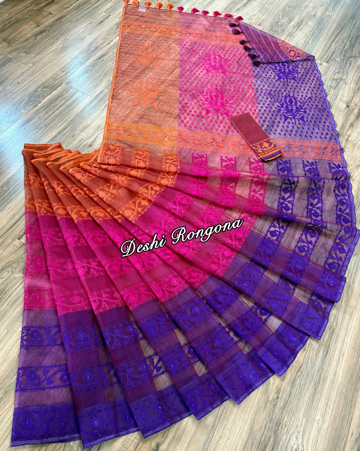Elegant Magenta Orange Purple Dhakai Jamdani Saree - Handloom Classic