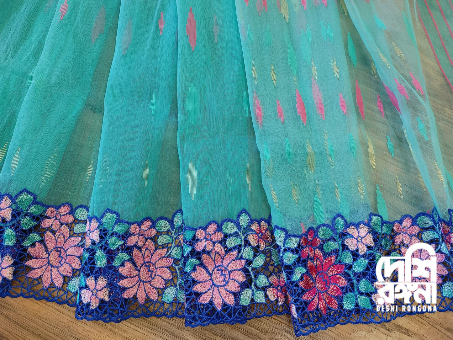 Turquoise Dhakai Jamdani with Cutwork Embroidery