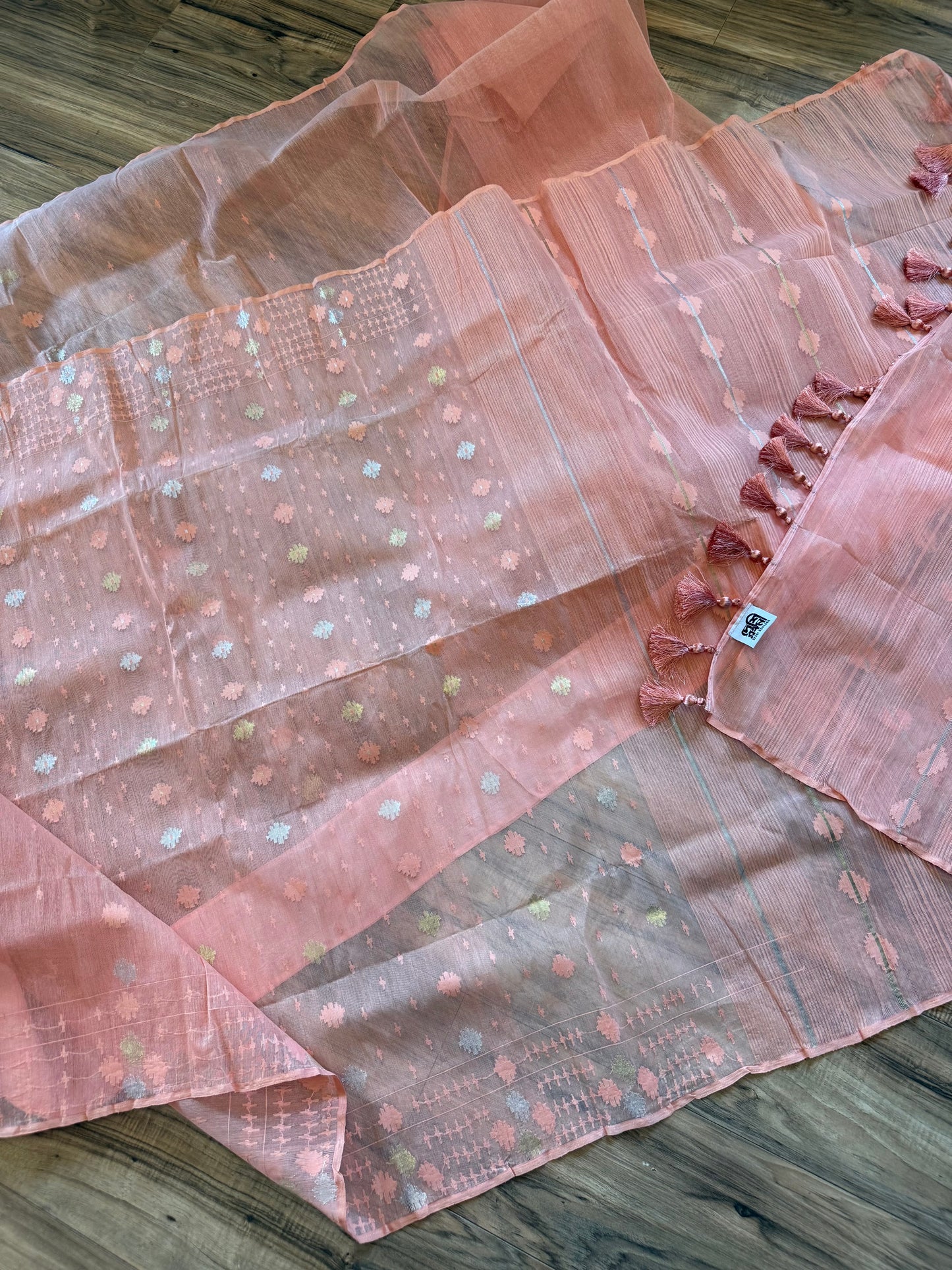 Handwoven Dhakai Jamdani Saree – Peach Halfsilk
