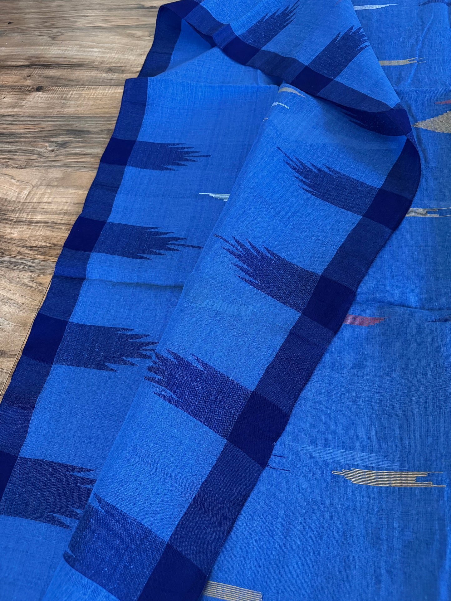 Sylheti Monipuri Cotton Saree – Blue & Deep Blue border