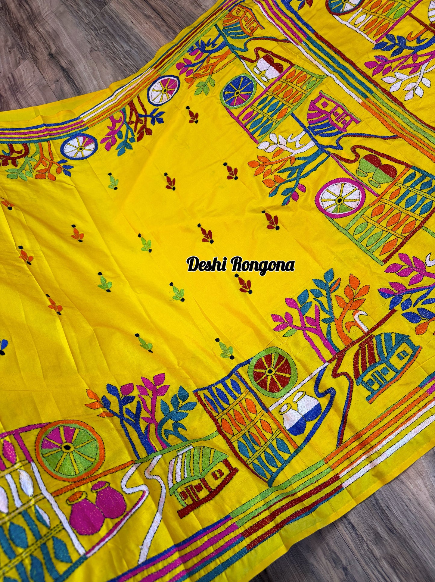 Yellow Bangalore Silk Kantha Saree