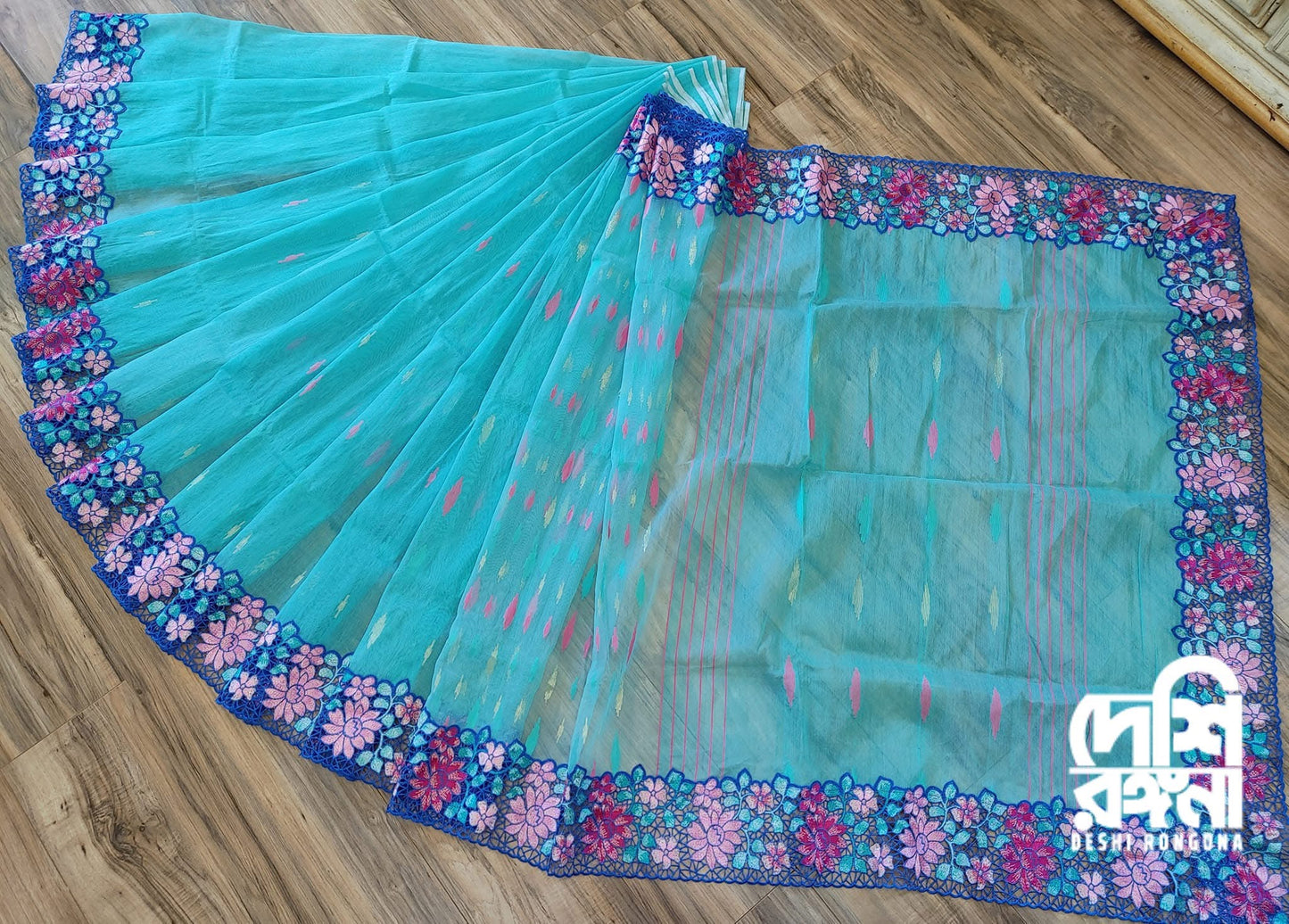 Turquoise Dhakai Jamdani with Cutwork Embroidery