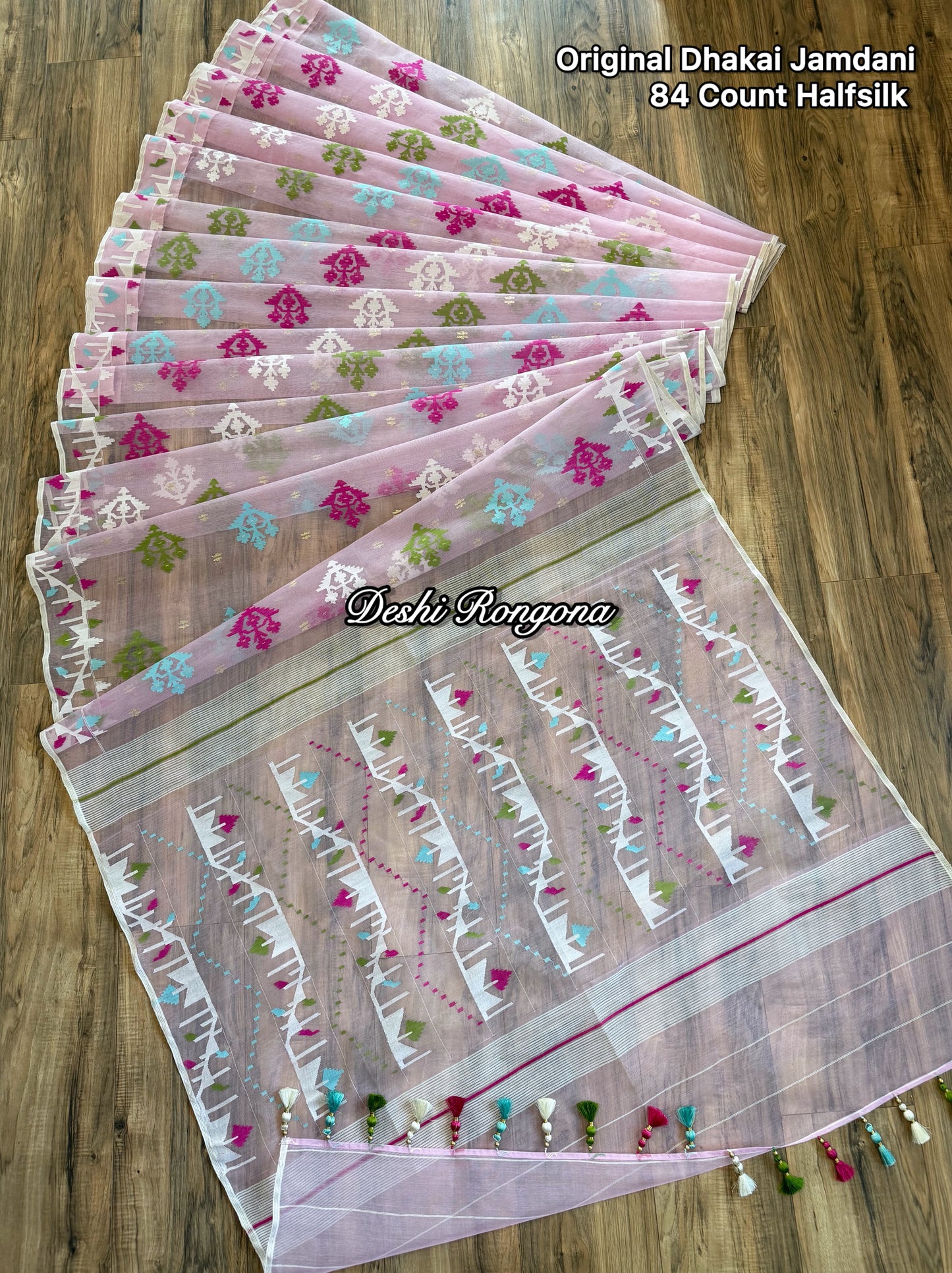Handwoven Dhakai Jamdani Saree – Baby Pink Halfsilk