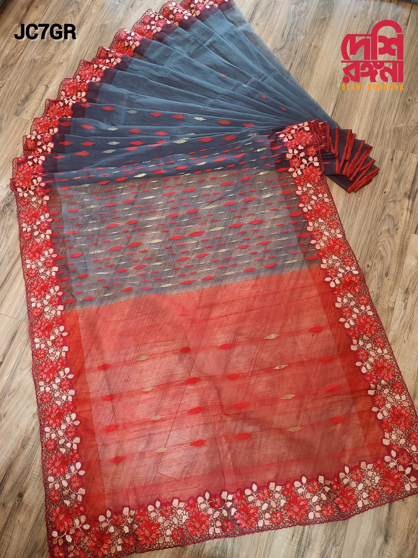 Gray-Red Cutwork Dhakai Jamdani – Halfsilk 64 count