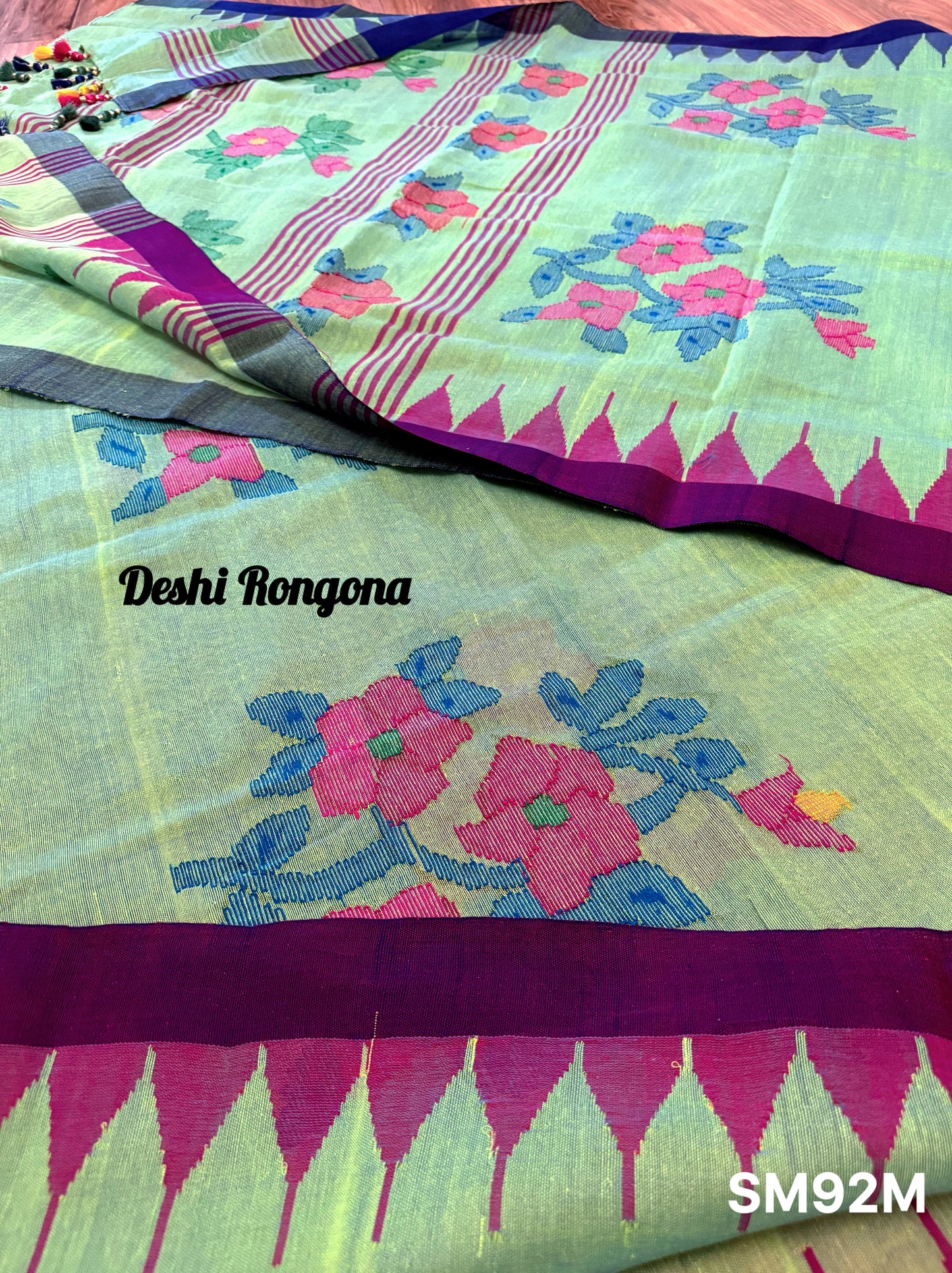 Sylheti Monipuri Saree, Mint with Purple/Blue Border