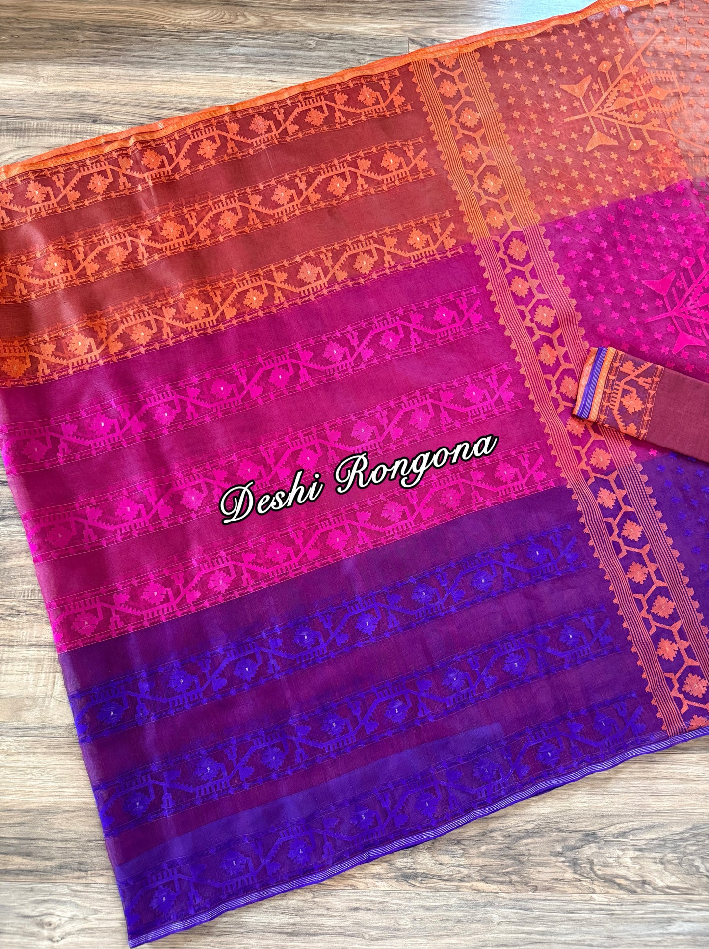 Elegant Magenta Orange Purple Dhakai Jamdani Saree - Handloom Classic