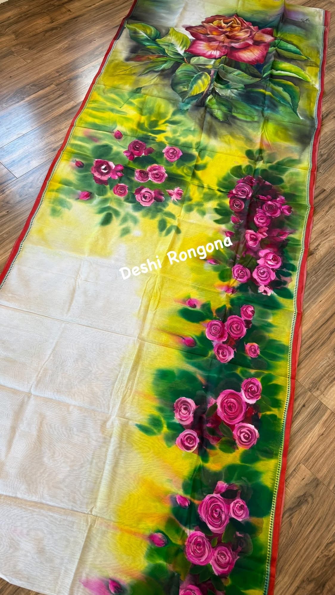 Rose Bloom Handpainted Saree on Tangail Halfsilk