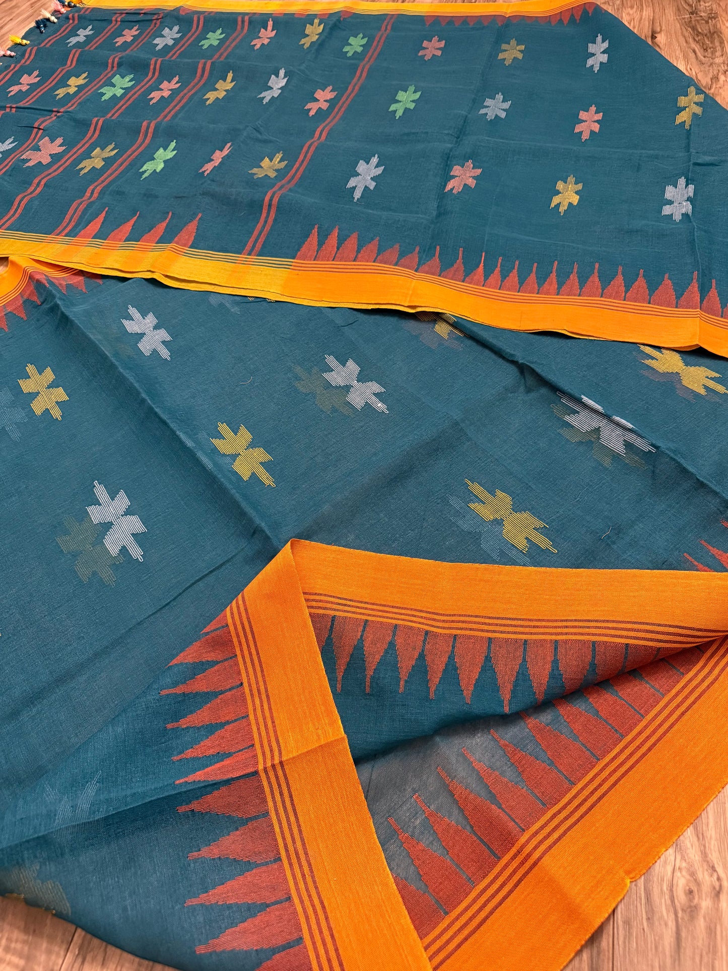 Sylheti Monipuri Handwoven Sea Green Saree with Orange