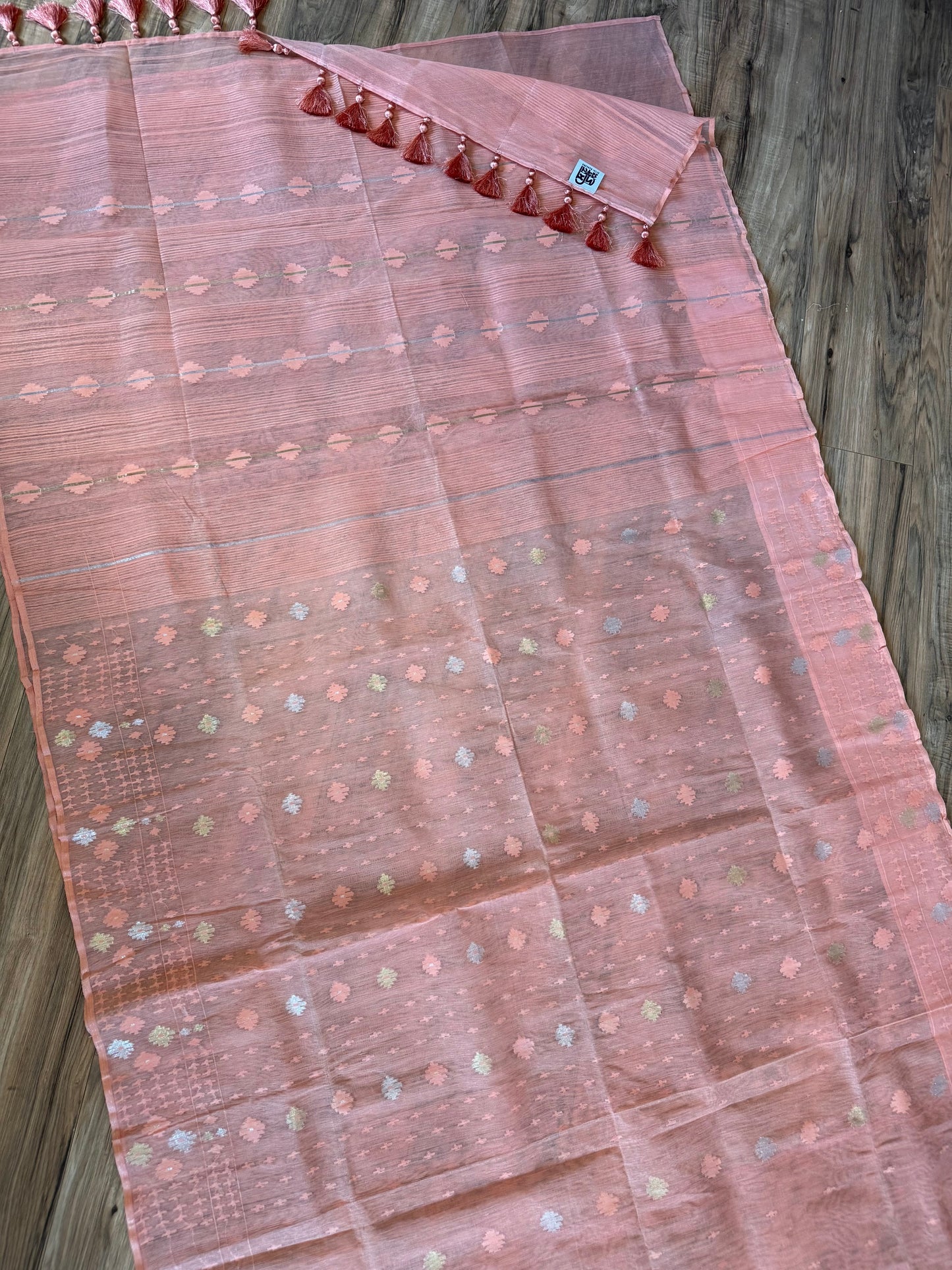 Handwoven Dhakai Jamdani Saree – Peach Halfsilk