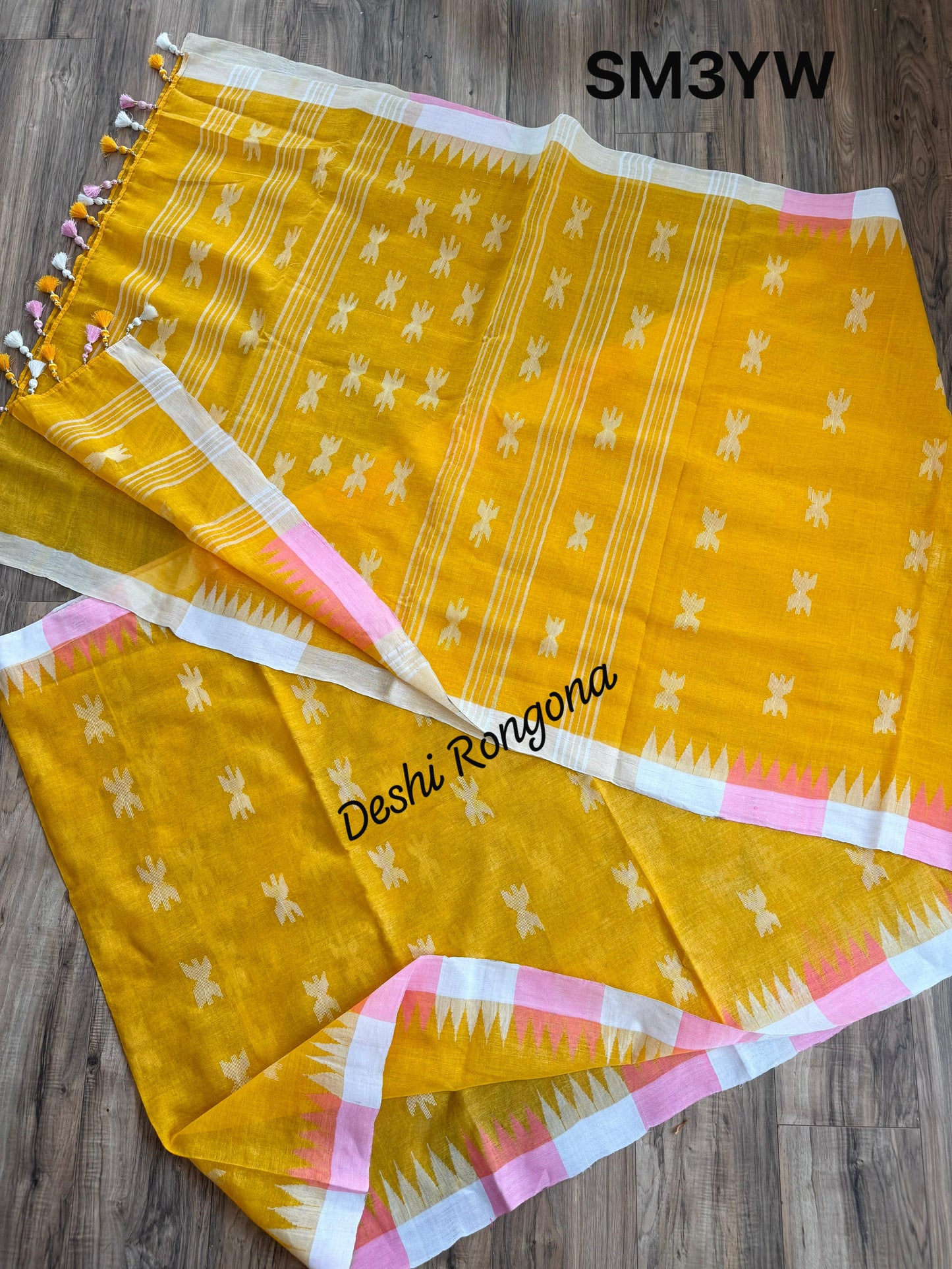 Sylheti Monipuri Handwoven Cotton Saree – Yellow