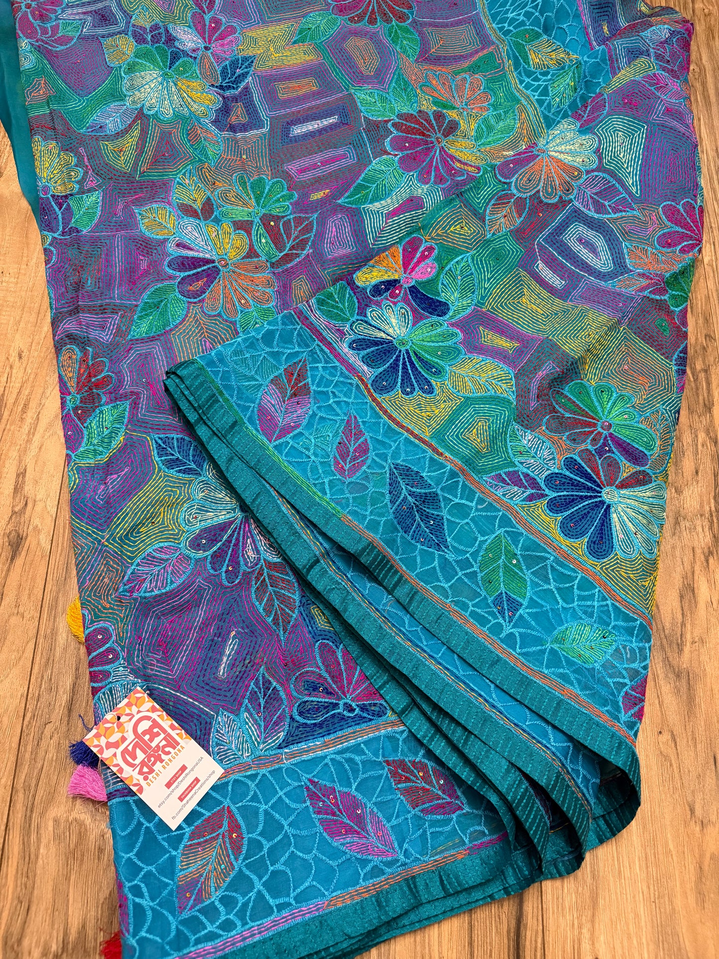 Pure Moslin Saree with Hand kantha and Handpaint