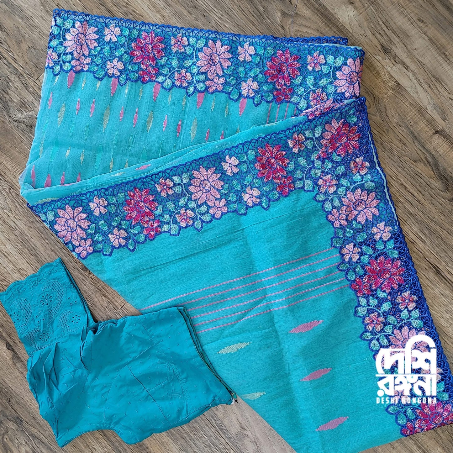 Turquoise Dhakai Jamdani with Cutwork Embroidery