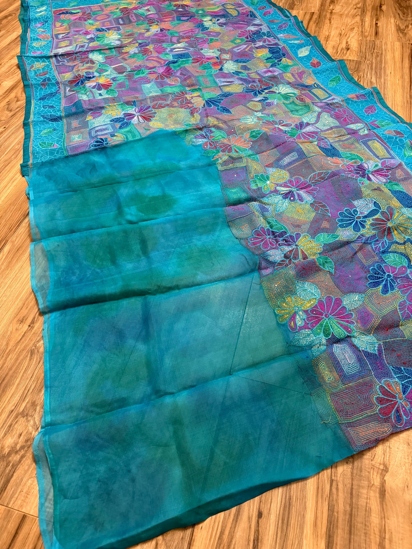 Pure Moslin Saree with Hand kantha and Handpaint