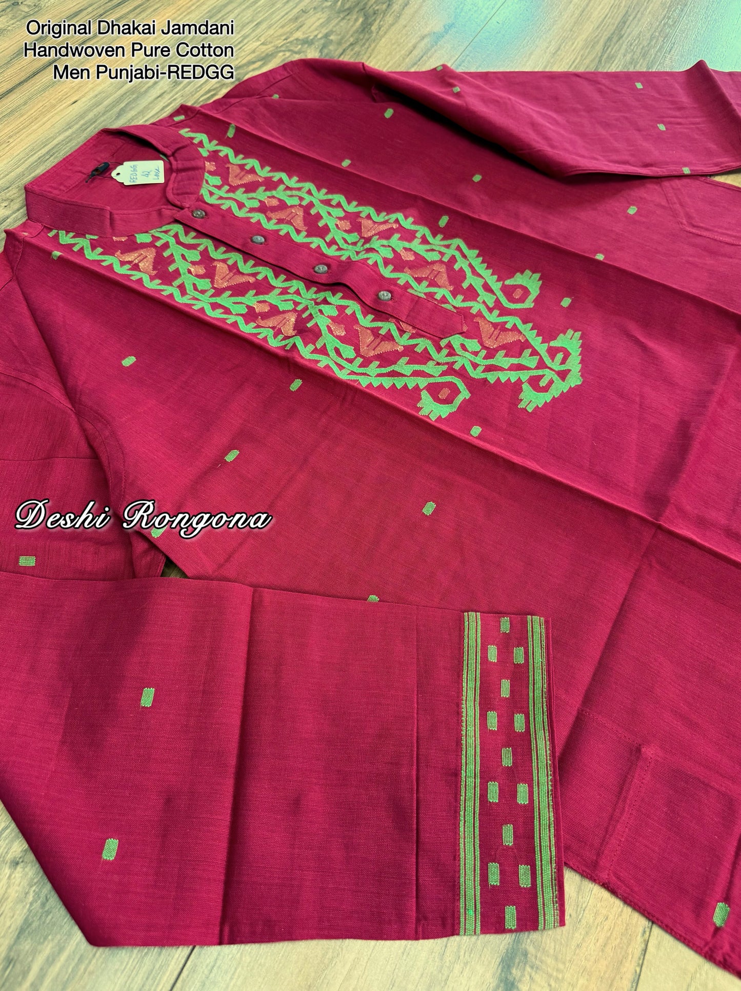 Original Dhakai Jamdani Punjabi – Handwoven Pure Cotton, RED