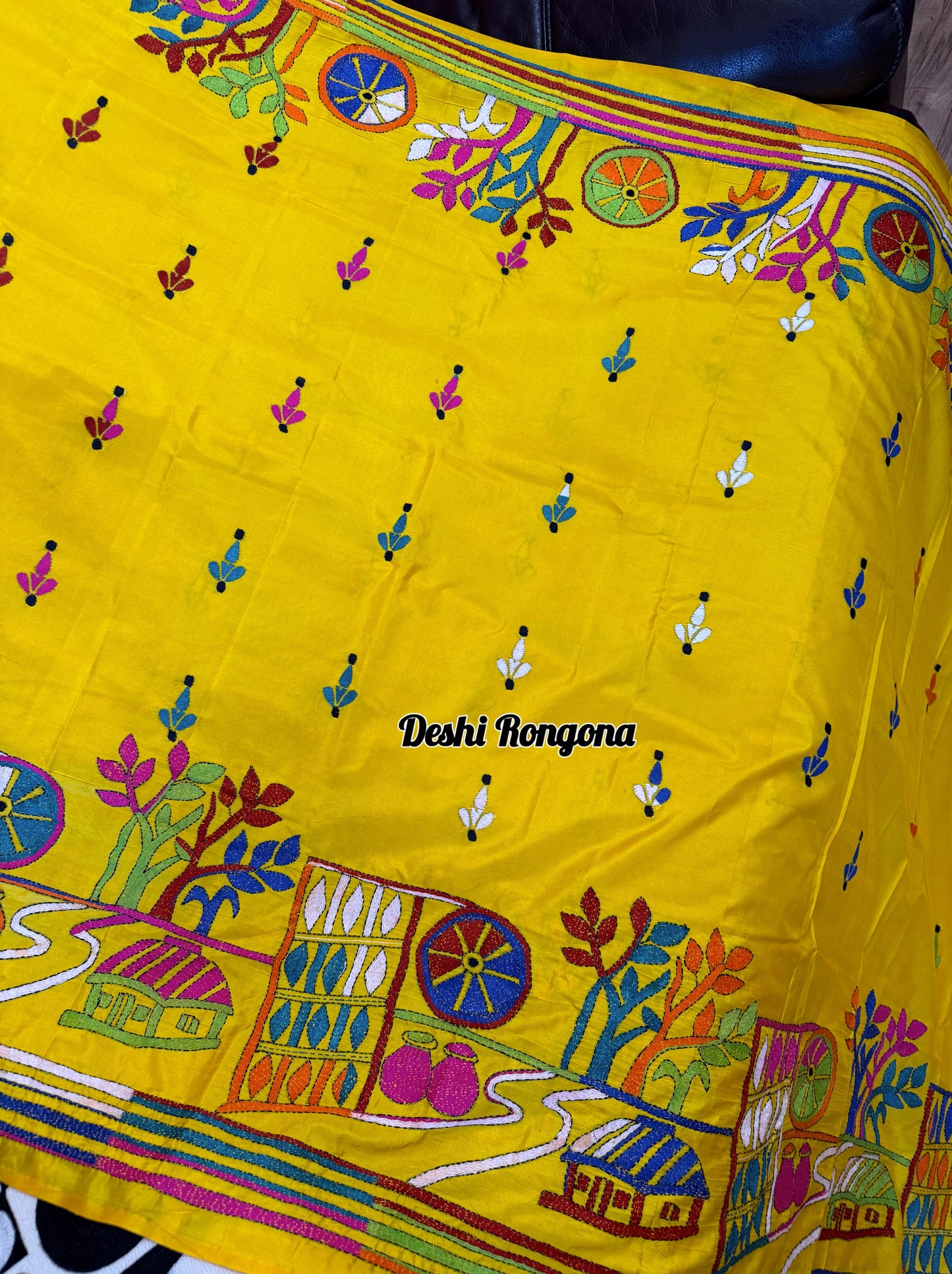 Yellow Bangalore Silk Kantha Saree