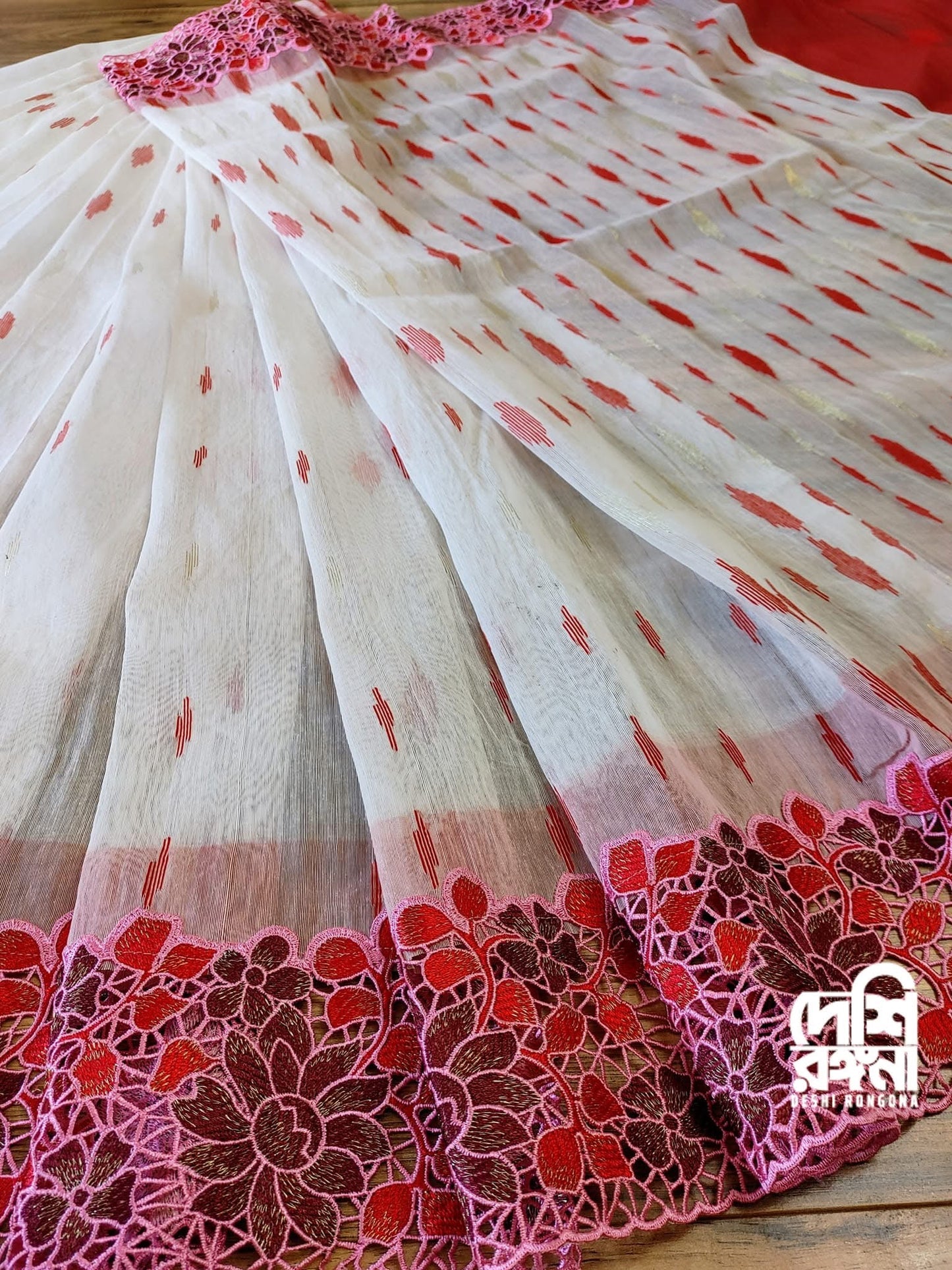 White-Red Cutwork Dhakai Jamdani – Designer Collection