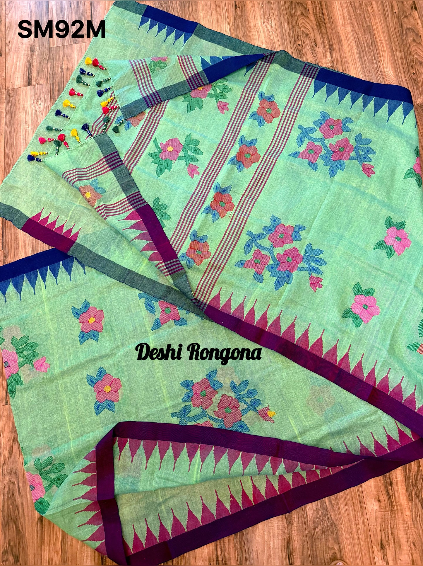 Sylheti Monipuri Saree, Mint with Purple/Blue Border