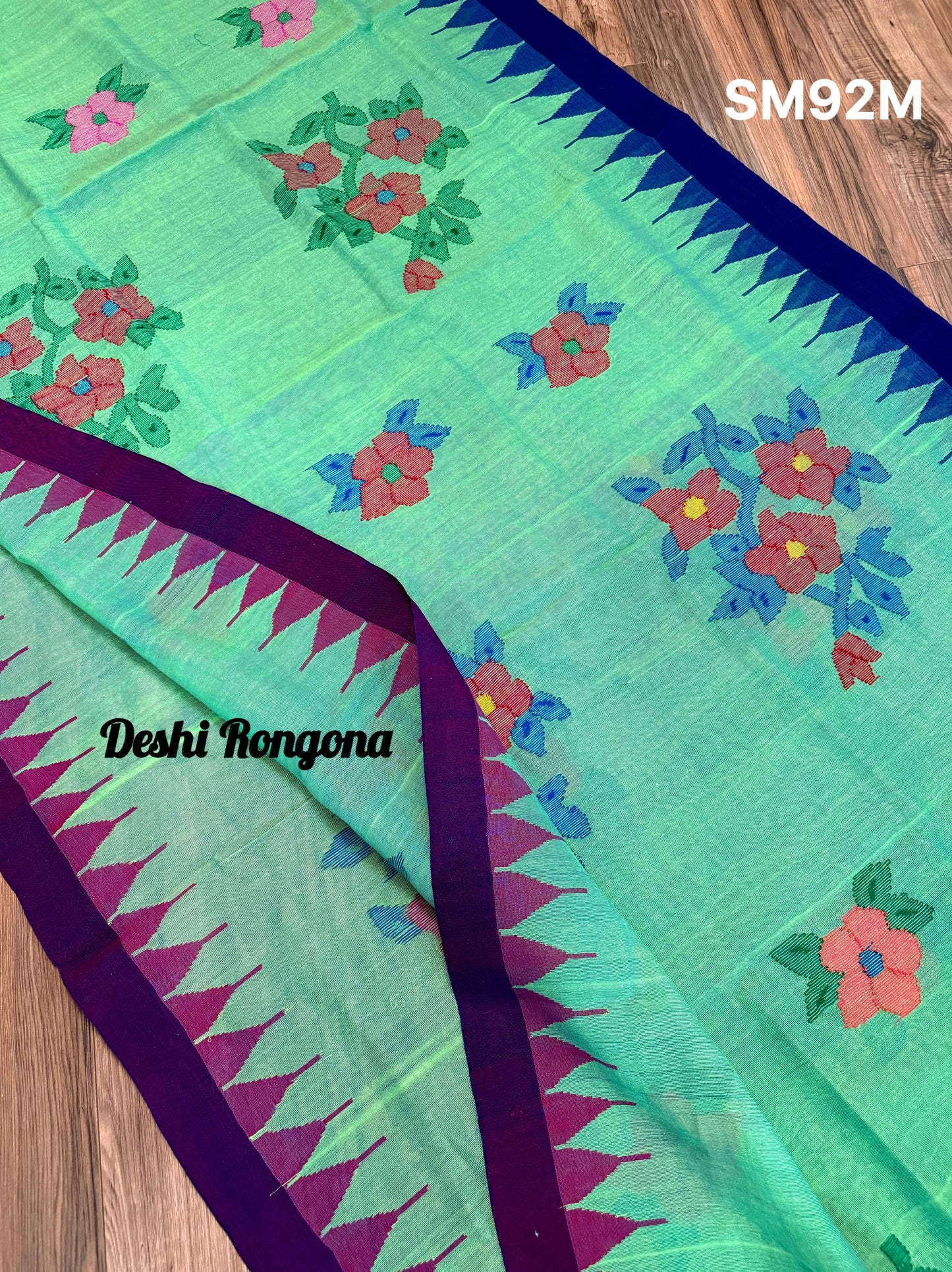 Sylheti Monipuri Saree, Mint with Purple/Blue Border