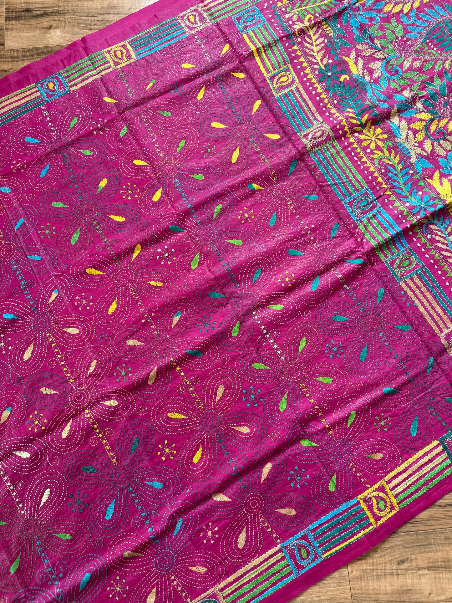 Magenta Pink Bangalore Silk Kantha Saree