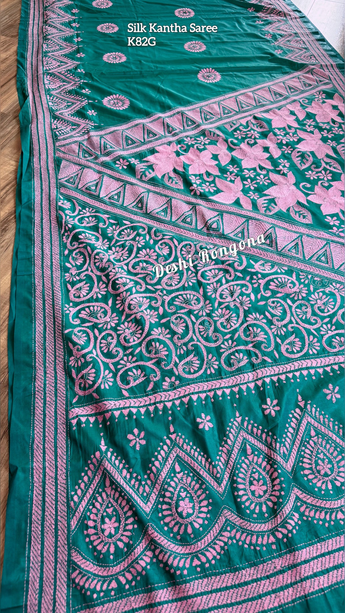 Sea green Bangalore Silk Kantha Saree with pink work