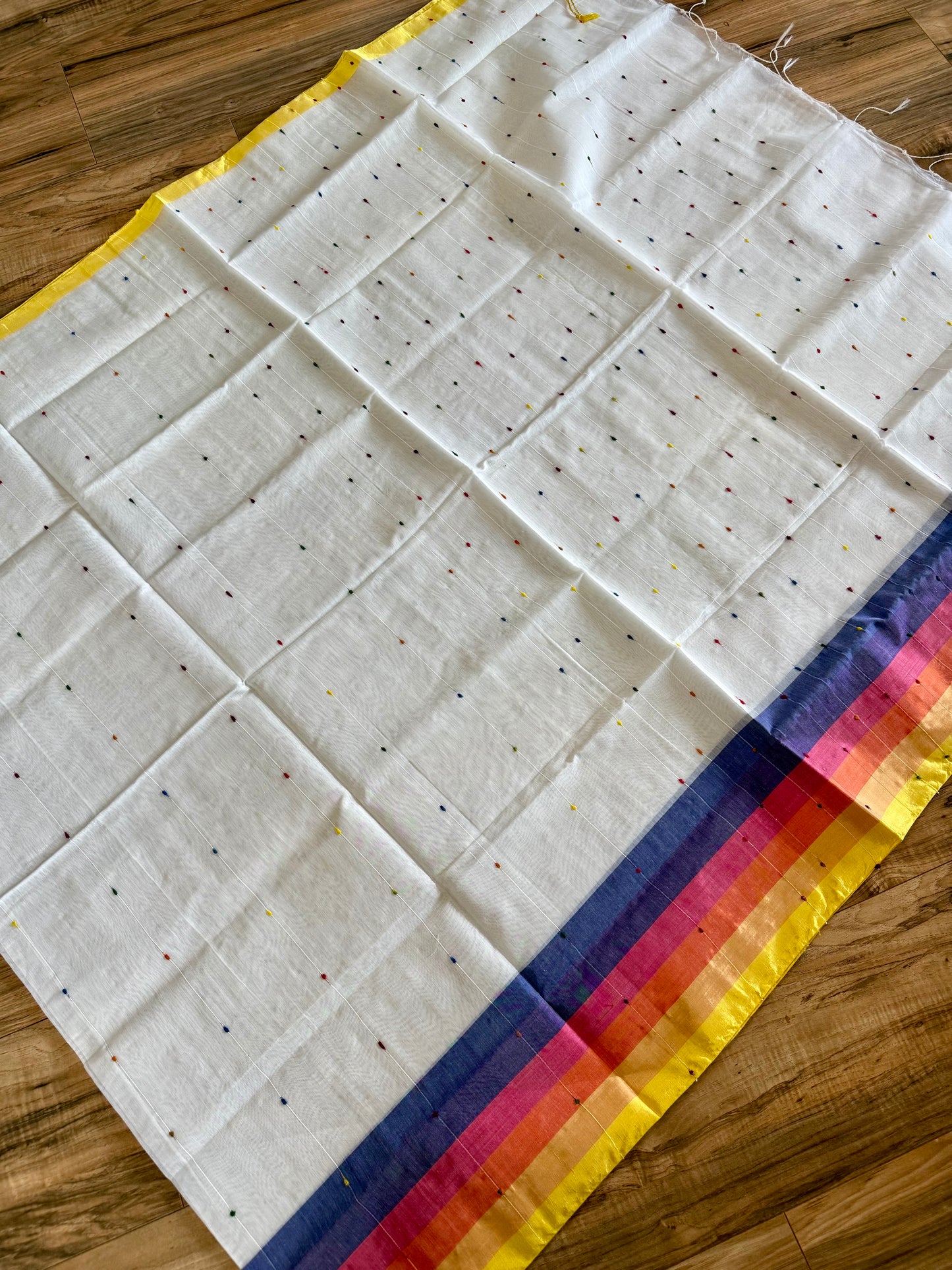 Tangail Halfsilk Khesh Saree, White -pink border